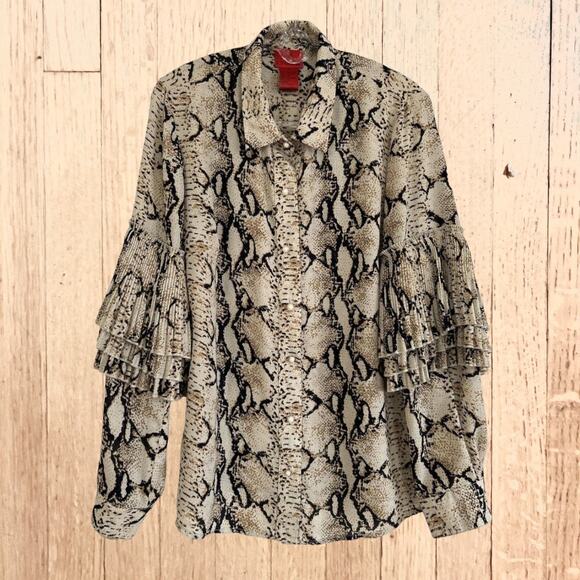 Vintage V Cristina Blouse Snake Skin Layered Ruffle Sleeves Pearl Button Sz S - Picture 2 of 8